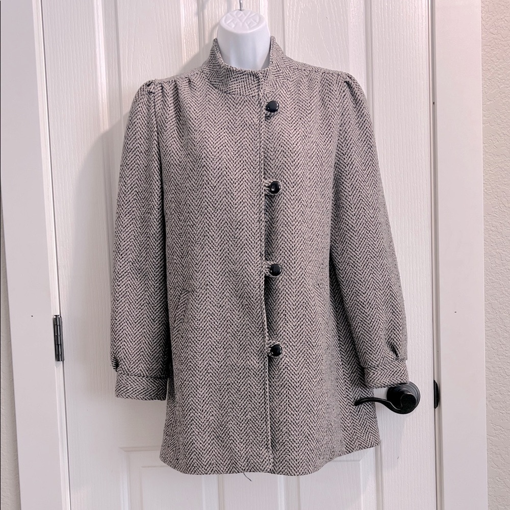 Vintage Peacoat Black White Pink Herringbone Trench Loop Closure Buttons S/M